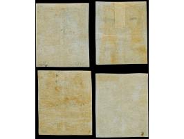 ½ Ngr. auf mattgrau, Eckrandviererblocks aus allen 4 Ecken des Druckbogens, mit breiten Bogenrändern, 3 Stück mit kpl. Eckwin