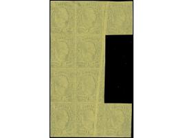 3 Ngr. auf gelb, unregelmäßiger senkrechter 10er-Block mit markanter Druckfalte über 4 Werte gehend; ungummiert. Ein interess