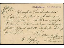 “Schwarzwald” violetter L1 klar auf Ganzsachenkarte 5 BIT mit Stempel “ST. THOMAS 24,12,1912” mit viel Text nach Mostar mit v