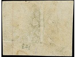 3 Kreuzer blau mit ausgefüllten Ecken, breitrandige linke untere Bogenecke mit 6/17 mm Bogenrand, sauber entwertet durch gMR 