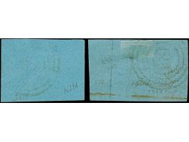 1 Silbergroschen auf graublau und 3 Kreuzer auf mittelgrünlichblau, beide überrandig mit Teilen aller Nachbarmarken und ca. 9