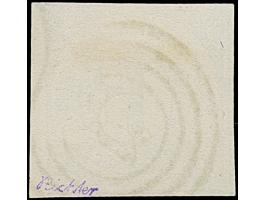 6 Kr. blau, allseits überrandig, mit ca. 2 mm rechtem Bogenrand sowie Teilen aller 5 Nachbarmarken, leicht entwertet durch Nr