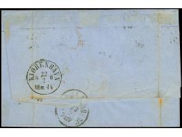 1858, coat of arms 5 ö. green , 3 copies, and 30 ö. brown, tied by Danish no. "1" with adjacent "FRA SVERRIG 22/2 1866", to s