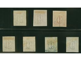 9 Sch., 7 verschiedene Farbproben auf ungummiertem Papier ohne Wasserzeichen, teils kleine Mängel, sehr selten