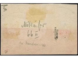 Reichspost 5 M. in Type II mit zwei klaren Stempeln “TSINGTAU KIAUTSCHOU *a 10.8.01” auf Rotband-Briefstück. Die farbfrische 