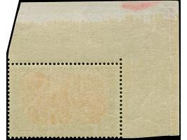 1905/12, 5 M. grünschwarz/dunkelkarmin (Mittelstück gelblichrot quarzend) aus der linken oberen Bogenecke, postfrisch und in 