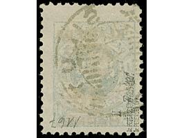 10 C. auf 25 M. auf 5 C. grünlichblau, Type II, sauber gestempelt mit vermutlich herstellungsbedingten, verkürzten Zähnen obe