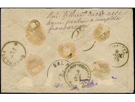 1872, Paris print 10 b. blue, 15 b. deep brown and 25 b. yellowish bistre (2), tied to envelope from "BACAU 7 JUN 75", endors
