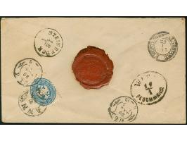 10 Kr. blau, zwei Einzelwerte, beide farbfrisch und gut gezähnt, als Zufrankatur auf Ganzsachenumschlag 5 Kr. rosa als rekomm