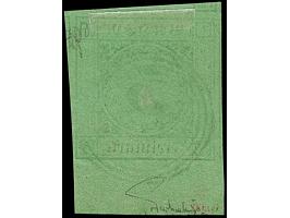 3 Kr. auf grün, allseits überrandig, mit Teilen von 4 Nachbarmarken und unten 9 mm Bogenrand, leicht entwertet durch Ringsste