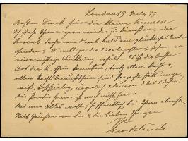 “HAMBURG. 21.JULI.77” (Spalink 17-5y) klar als Ankunftsstempel vorderseitig auf englischer Ganzsachenkarte 1 ¼ P. mit Stempel