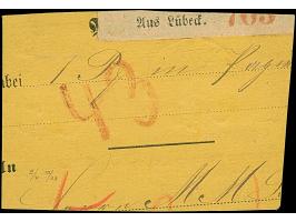 “LÜBECK** 19.2.74” (Spalink 22-1) mehrfach klar auf kleiner Schild ¼ Gr. graupurpur im waagerechten Dreierstreifen und Einzel