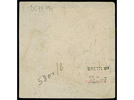 ¼ Gr. gelblichorange mit blauem Rahmenstempel “OVELGÖNNE 22.1.” auf Briefstück. Die Marke ist an drei Seiten voll- bis breitr