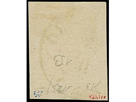 2 Gr. zinnoberrot mit Plattenfehler “Rahmenbruch in der linken unteren Ecke” und blauem DKr. “OLDENBURG 5.9.”. Die farbfrisch