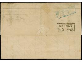 “ELSFLETH 19.3.(66)” blauer Rahmenstempel zweimal klar auf ½ Gr. rotorange, 2 Gr. blau und 3 Gr. braun als tarifgerechte Fran