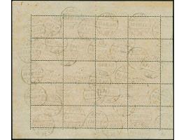 1 M. dunkelkarminrot gez. 26:17, kpl. Bogen mit 20 Werten und Platten-Nummer "5" im Unterrand, sauber entwertet "CÖLN 15.5.19