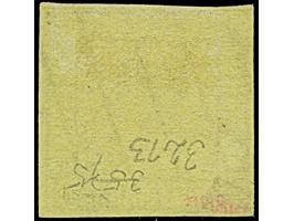 1½ S. auf gelb, farbfrisch und voll- bis meist breitrandig mit kreuzweise aufgesetzem Strichstempel, in tadelloser Erhaltung.