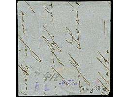 18 Kr. auf bläulichviolett, Type I, sehr farbfrisch und allseits voll- bis breitrandig mit praktisch kpl. Steigbügelstempel “