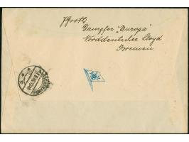 “DASP BREMEN-NEW YORK D. EUROPA” mehrfach klar auf Oberrandsatz 100 Jahre Deutsche Eisenbahn 6-40 Pfg. auf R-Katapultpost-Bri