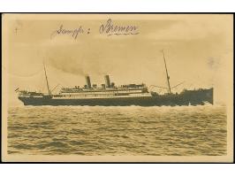 “DSP LINIE BREMEN-NEW YORK c 23.5.23” zweimal recht klar auf zwei Einzelmarken Ziffer 100 M. auf Schiffspostkarte “D. Bremen”