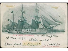 1 c. ocher vertical pair, 2 c. red and 10 c. green, tied by large cds “SHANGHAI” to registered postcard to Austria with addit