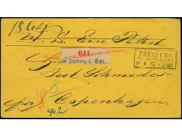 2 Sgr. ultramarin und waagerechtes Paar 3 Sgr. ocker, mit Ra3 "FREIBURG IN SCHLESIEN 25 4 67" auf Paketbegleitbrief über Hamb