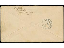 1899, Aufdruck-Ausgabe 3 C. violett, 4 C. orangebraun und 6 C. lilakarmin mit Korkstempel-Entwertung auf R-Brief mit nebenges