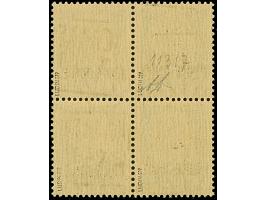 1943, 25 &nbsp;Centesimi schwarzgrün, Viererblock, die linke obere Marke mit kopfstehendem Aufdruck, die drei weiteren mit no