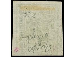 1859, 4 Sch. grünoliv, farbfrisch und allseits breitrandig geschnitten, vom linken Seitenrand mit Teil des Reihenzählers “2”,