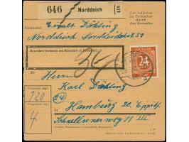 Ziffer 24 Pfg. schwärzlichrötlichorange im senkrechten 4er-Streifen und Einzelwert je mit Stempel “NORDDEICH 25.9.46” vorder-