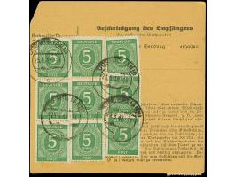 Ziffer 5 Pfg., 12 Werte mit Stempel “COSWIG 25.6.46” vorder- und rückseitig auf Paketkarte nach Dessau. Ein Wert oben mit Ran