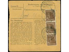 Arbeiter 15 Pfg., zwei senkrechte 3er-Streifen je mit Stempel “GELNHAUSEN 25.5.48” als Mehrfachfrankatur vorder- und rückseit