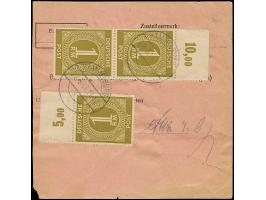 Ziffer 1 M. im senkrechten Oberrandpaar und zwei Einzelmarken (einmal mit durchgezähntem Oberrand) je mit Stempel “HAMMELBURG