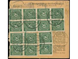 Ziffer 50 Pfg. im senkrechten 8er-Block, Viererblock mit Eckzahnfehler und drei Einzelmarken je mit Stempel “AMBERG 8.7.47” a