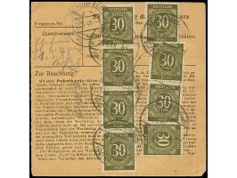 Ziffer 30 Pfg. im senkrechten Vierer- und Dreierstreifen, Paar und zwei Einzelmarken je mit Stempel “Heiligkreuzsteinach 29.5