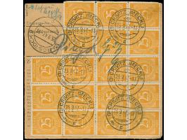 Ziffer 25 Pfg. gelb, 24 Werte mit Stempel “CRIVITZ 23.9.47” vorder- und rückseitig auf Paketkarte nach Rostock mit Ankunftsst