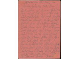 Ostpreussen-Feldpostkarte auf lachsrotem Karton, gebraucht mit Normstempel “e 5.3.45” und Absendervermerk mit Feldpostnummer 