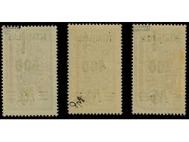 1923, 100-500 M. auf 80 (M) auf 1,25 Mark auf 60 Centime, je mit kopfstehendem Aufdruck, sauber ungebraucht, tadellos. Die Au