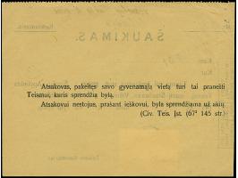 1941, 15 Kopeken, unüberdruckt, sauber mit Stempel “SIAILIAI 29.VIII.41” auf Vorladungskarte für einen Gerichtstermin, tadell