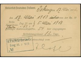 1913, Postsachen-Vordruckkarte zur Laufzeitkontrolle mit Stempel “PEKING DP 17.5.13” an das Kaiserliche Bahnpostamt Nr. 18 in