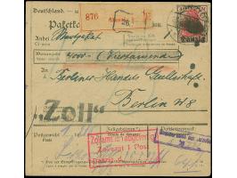 1920, 1,50 Mark braun, zwei Einzelwerte, sowie 4 Mark, vier Einzelwerte, vorder- und rückseitig mit Korkstempel auf Wertpaket