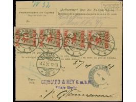 1920, 5 Mark auf 2 Pfennig, Spitzen nach oben, Einzelwert sowie senkrechter Viererstreifen, vorder- und rückseitig, mit Stemp