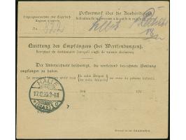 1920, 1¼ Mark auf 3 Pfennig, Spitzen nach unten, senkrechtes Paar, sauber mit Korkstempel auf Paketkarte mit nebengesetztem S