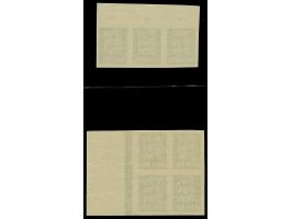 1928, Coat of Arms 10 senti, turqoise-blue, imperforated block of four with burelage and horizontal strip of three with upper