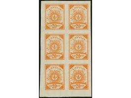 1919, Ear of corn 20 kopeks orange, block of six, printed on both sides, without gum, folded once in between stamp, fine, cer