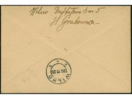 1920, Coat of Arms overprint issue 4 marka on 10 sk. red, block of four, with additional franking, tied by cds. “WILNO 26 11 