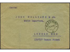 1922, New Currency surcharge 3 centu on 40 skatiku, block of 20, tied by cds. “MAZEIKIAI 28.VIII.23” to reverse of cover to L