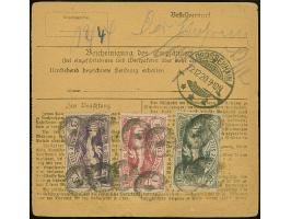 1920, Hüttenwerke 5 Mark orange mit Zufrankatur 50 Pfennig sowie 1 und 3 Mark, vorder- und rückseitig mit Korkstempel auf Eil