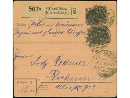 1920, Aufdruckausgabe im Hochoval 50 Pfennig, zwei Einzelwerte und 6er-Block vorder- bzw. rückseitig mit Korkstempel und Aufg