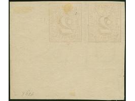 2 Sch. orangerot im waagerechten Paar aus der rechten unteren Bogenecke, dabei die rechte Marke ohne Wasserzeichen. Allseits 